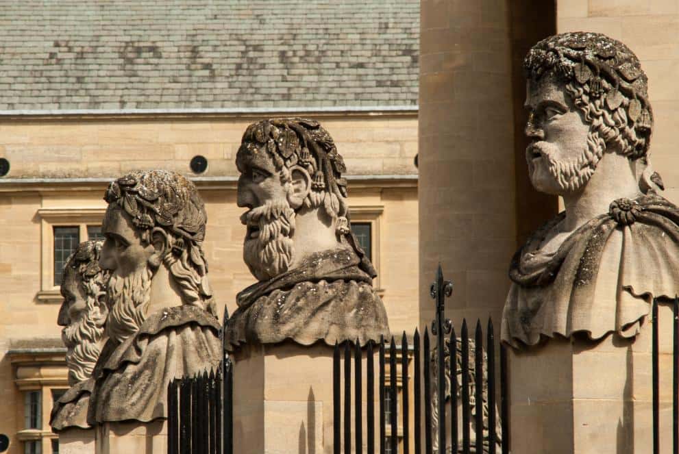 A row of statues of heads of famous Oxford University academics, scientists and philosophers
